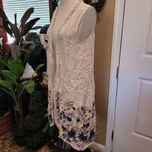 Francesca Bettini Duster Top 100% Linen Crew Floral Flowers Small Medium